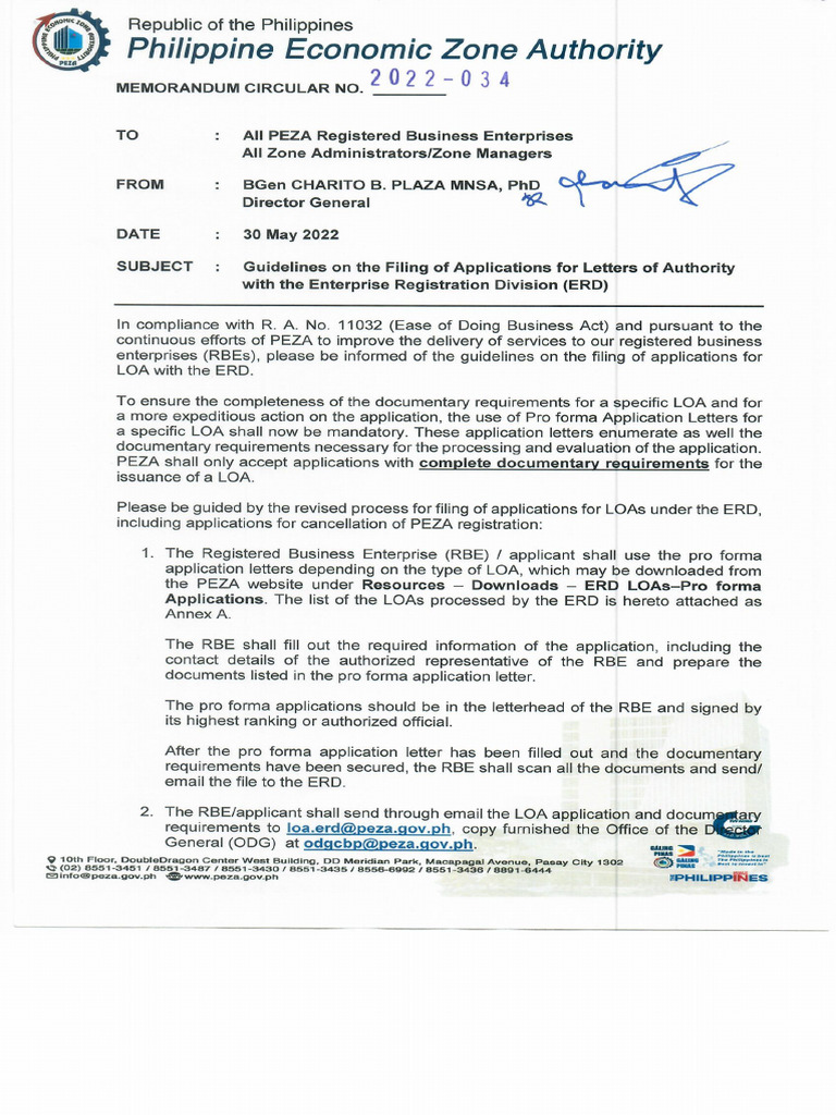 PEZA Memorandum-Circular No.2022-034 Guidelines - On - The - Filing ...