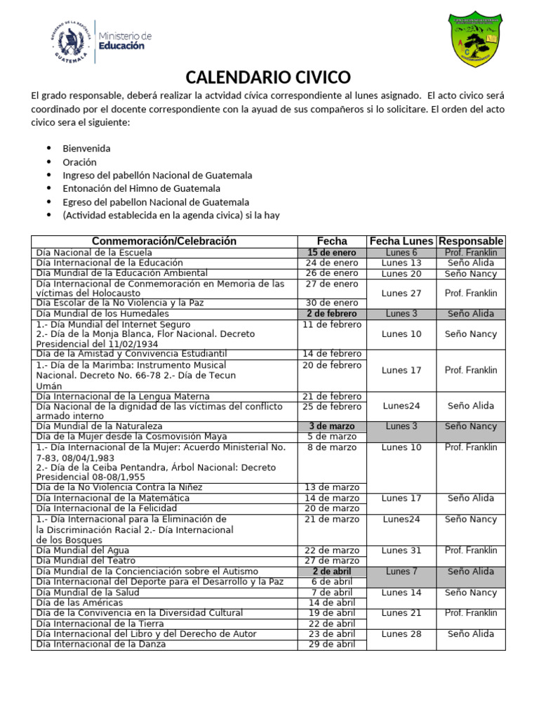 Calendario Cívico Escolar 2025 Guatemala PDF Guatemala