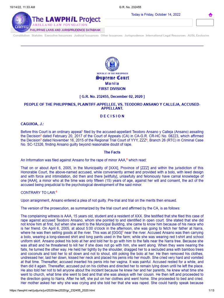 Rape Conviction Appeal: People vs. Ansano | PDF | Witness | Presumption ...
