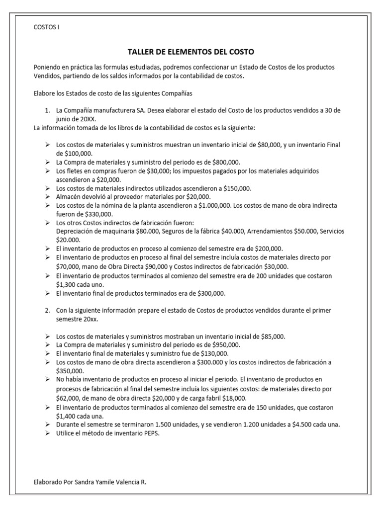 Taller de Elementos Del Costo | PDF | Producción y fabricación ...