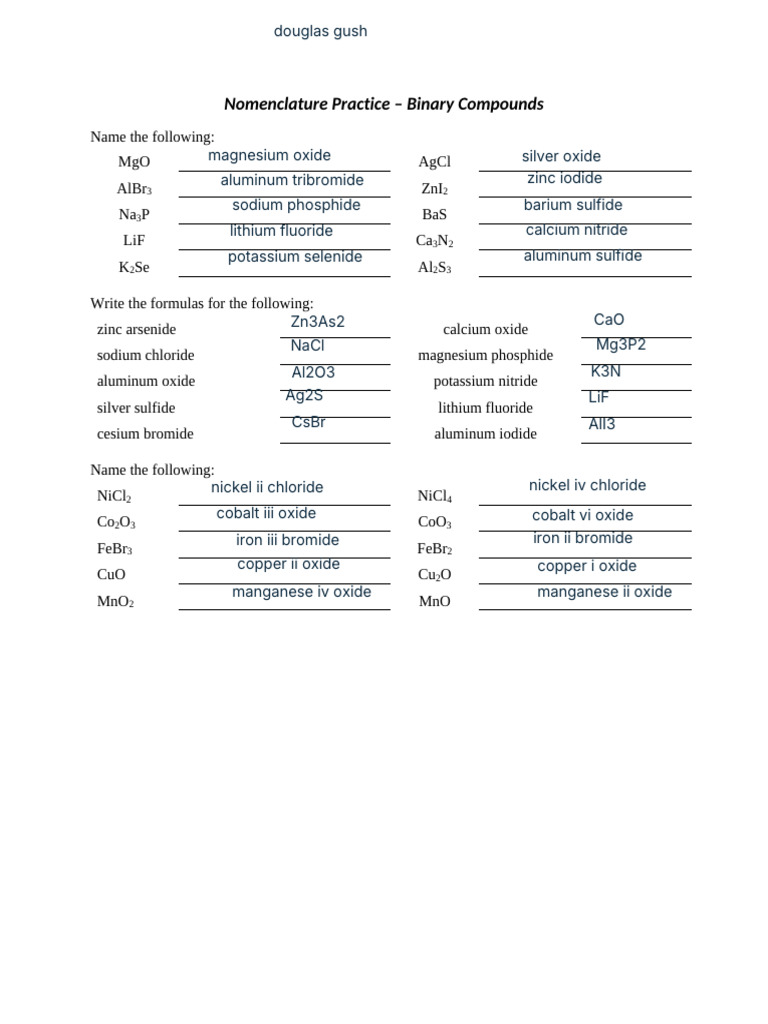 Binary Compound Nomenclature Practice | PDF | Oxide | Acid