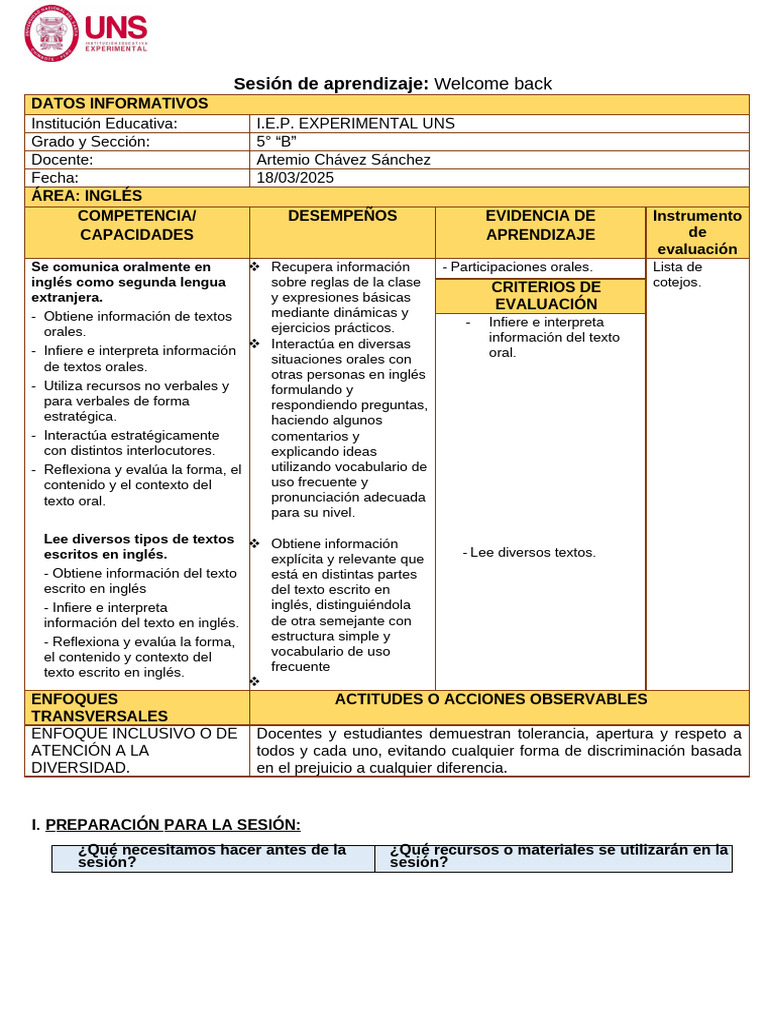 SESION DE 5 Grado | PDF | Aprendizaje | Idioma en Inglés