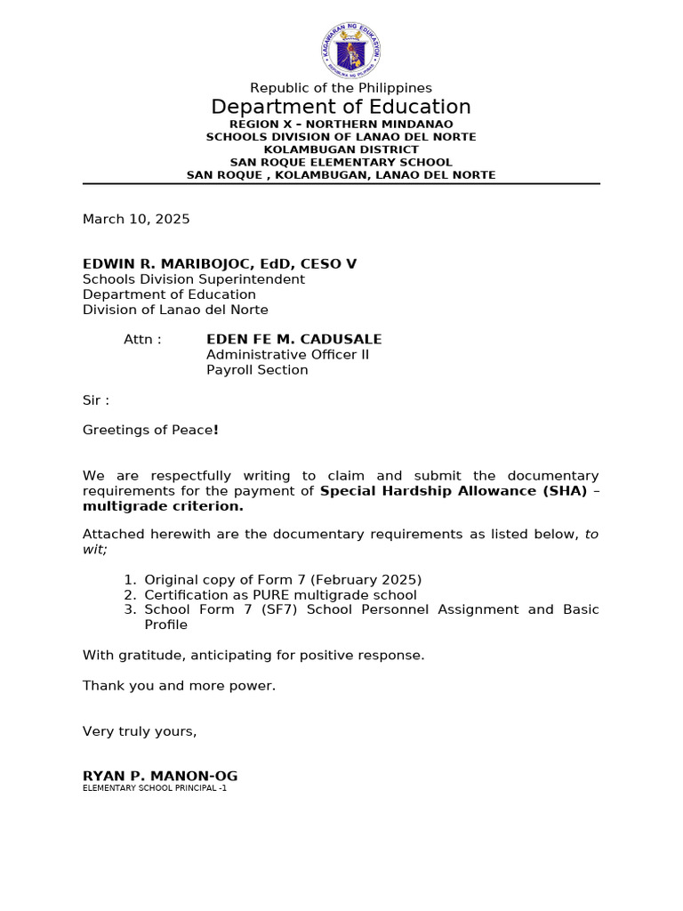 Letter Claim For Speical Hardship Allowance 4 4 | PDF