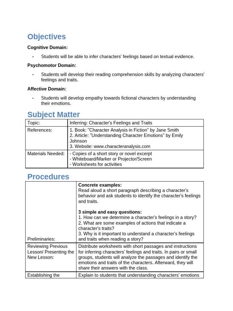 Inferring Character S Feelings And Traits Pdf Emotions Feeling