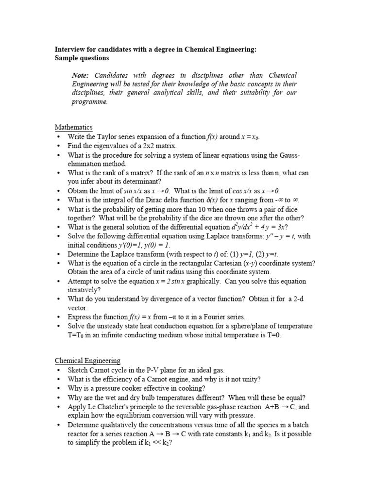 Chemical Engineering Interview Questions | PDF | Equations | Matrix ...