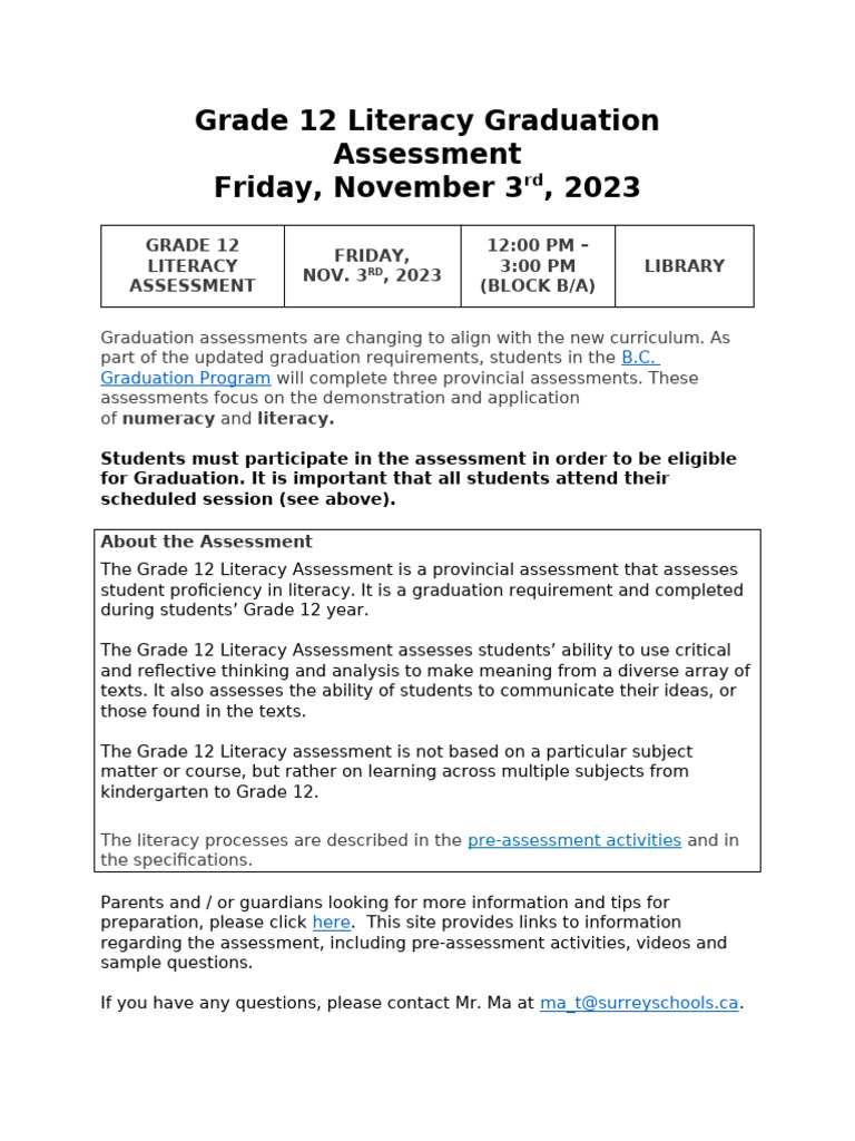 Grade 12 Literacy Assessment Overview | PDF