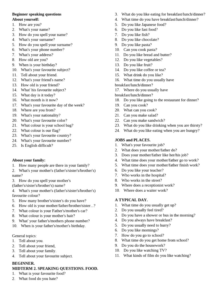 Beginner Speaking Questions Guide | PDF | Lunch | Foods