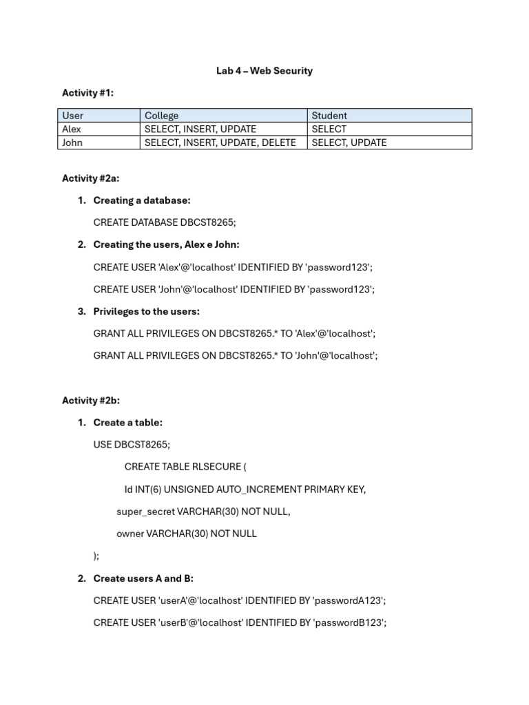 Web Security Lab: Database User Management | PDF