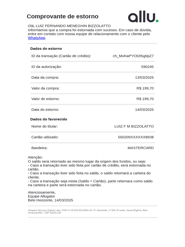 Comprovante de Estorno - Allugator | PDF