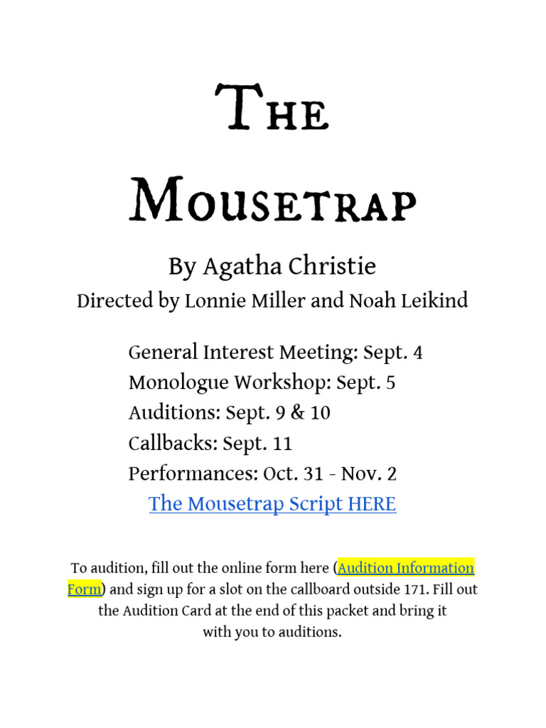 Audition Info for Agatha Christie's The Mousetrap | PDF
