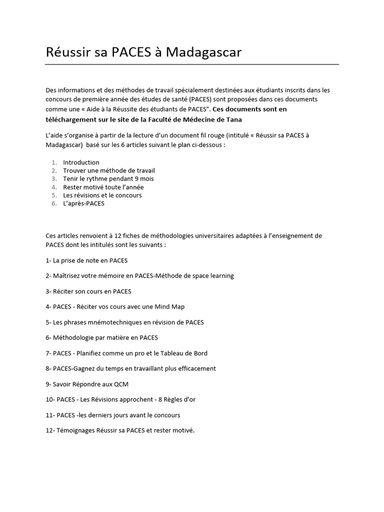 Aide à la Réussite en PACES Madagascar | PDF