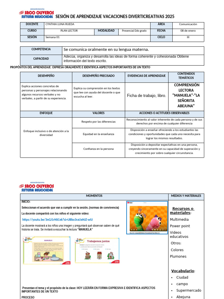 Sesión de Aprendizaje: Plan Lector 2025 | PDF | Aprendizaje | Ciencia ...