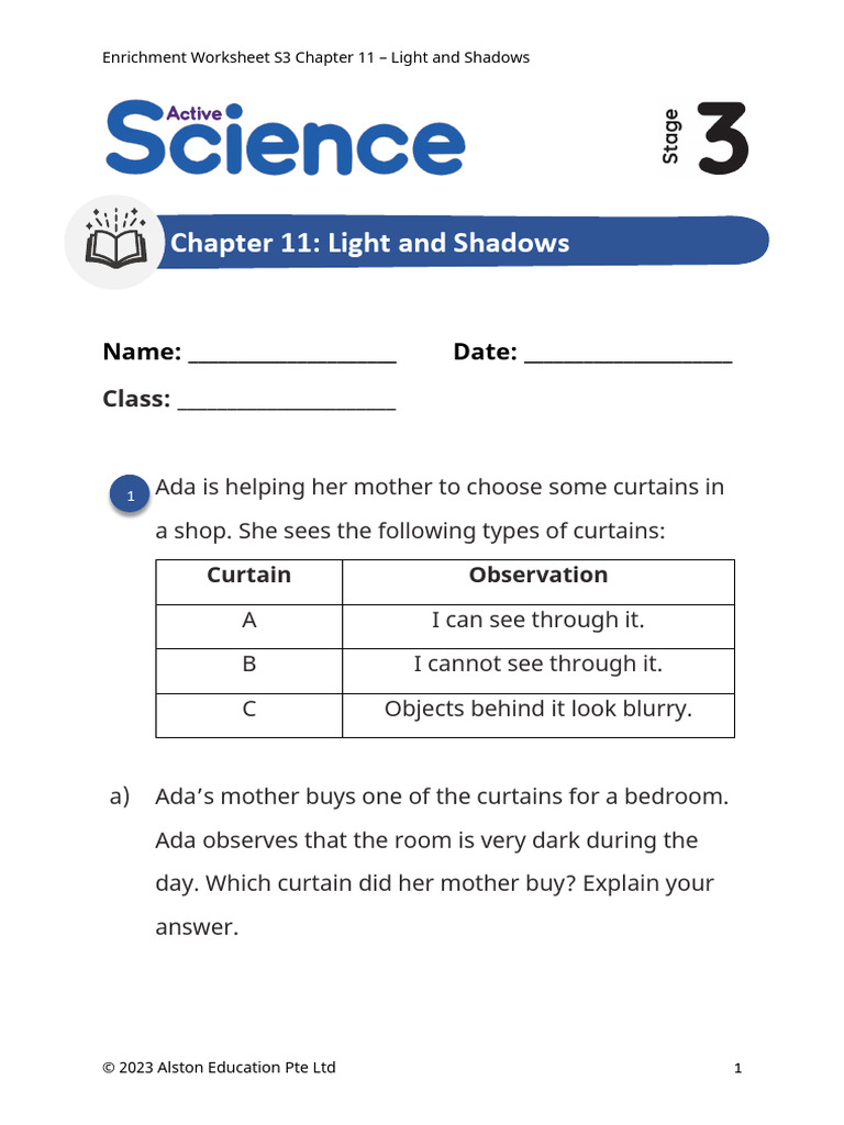 Light and Shadows Enrichment Worksheet | PDF | Shadow | Waves