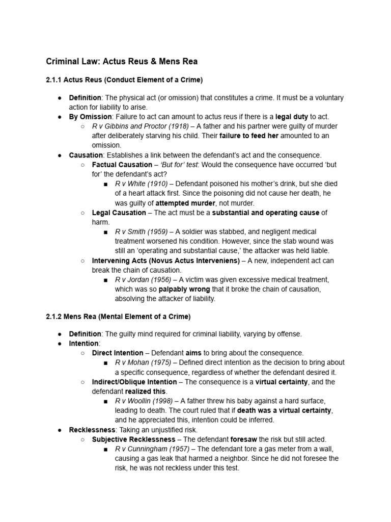 Actus Reus & Mens Rea, Criminal Law Notes | PDF | Causation (Law ...