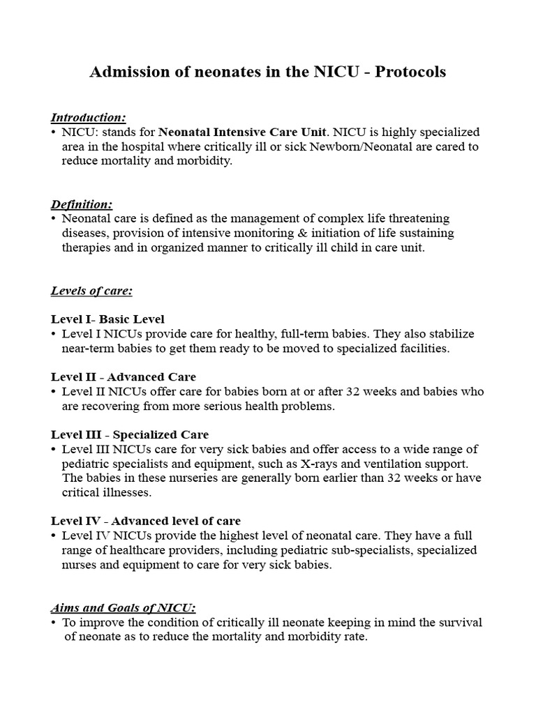 NICU Admission Protocols for Neonates | PDF | Neonatal Intensive Care ...