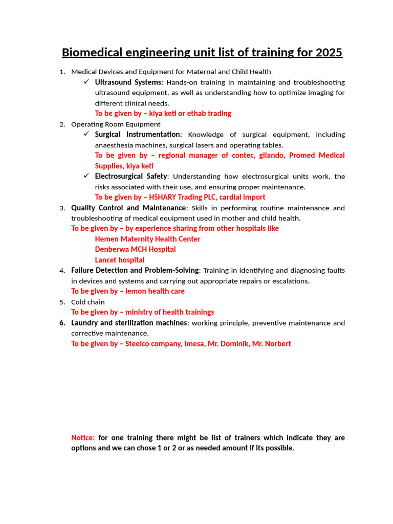 Biomedical engineering unit list of training for 2025 | PDF