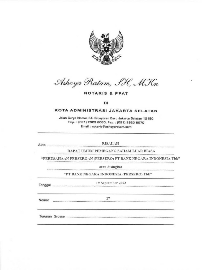 Berita Acara RUPS Luar Biasa 2023 19 September 2023 | PDF