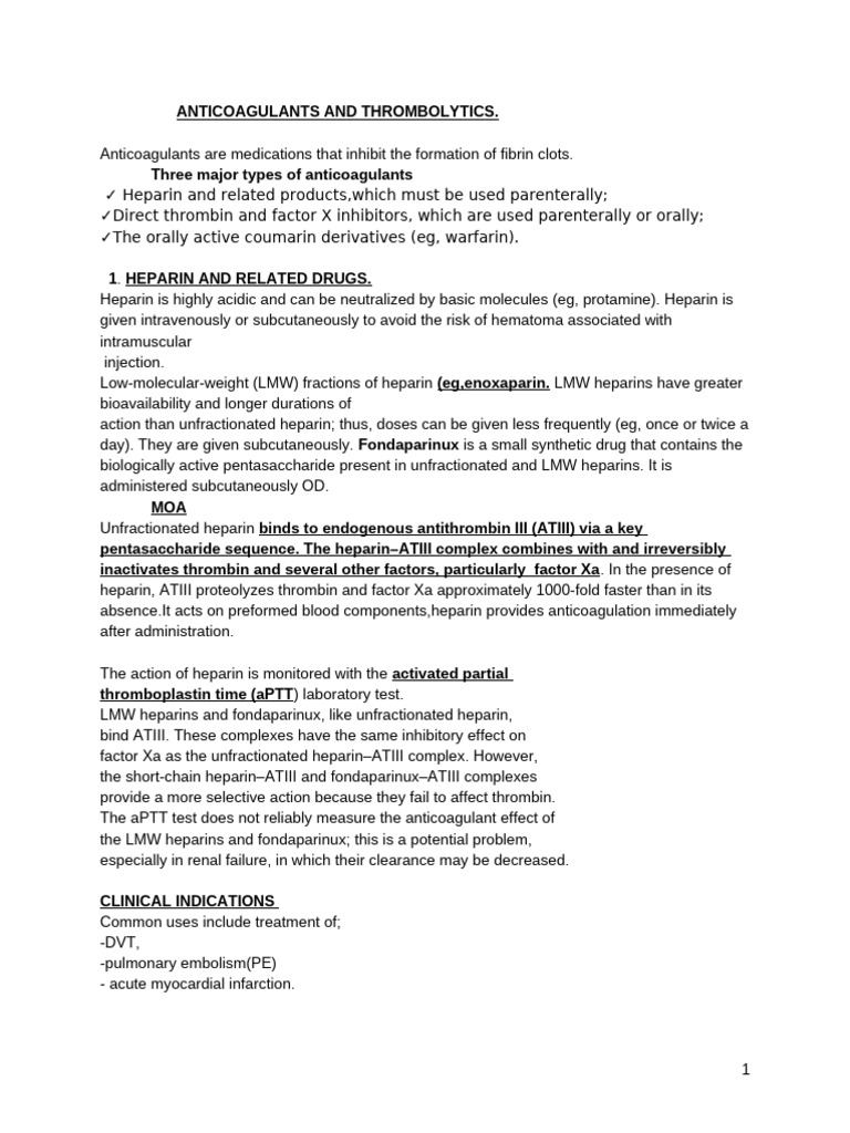 Anticoagulants vs Thrombolytics Overview | PDF | Coagulation | Drugs