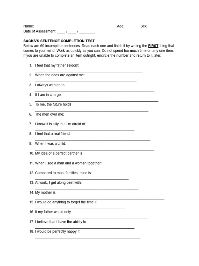 Sacks Sentence Completion Test Guide | PDF