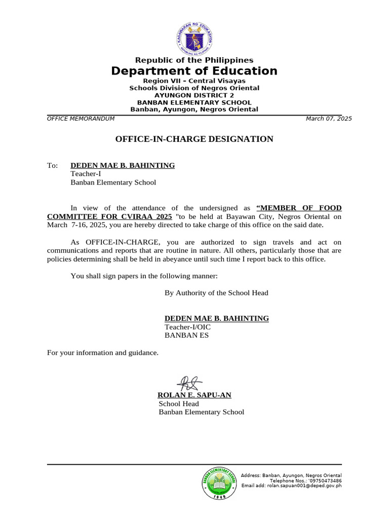 Office-In-Charge Designation_11_Bahinting | PDF