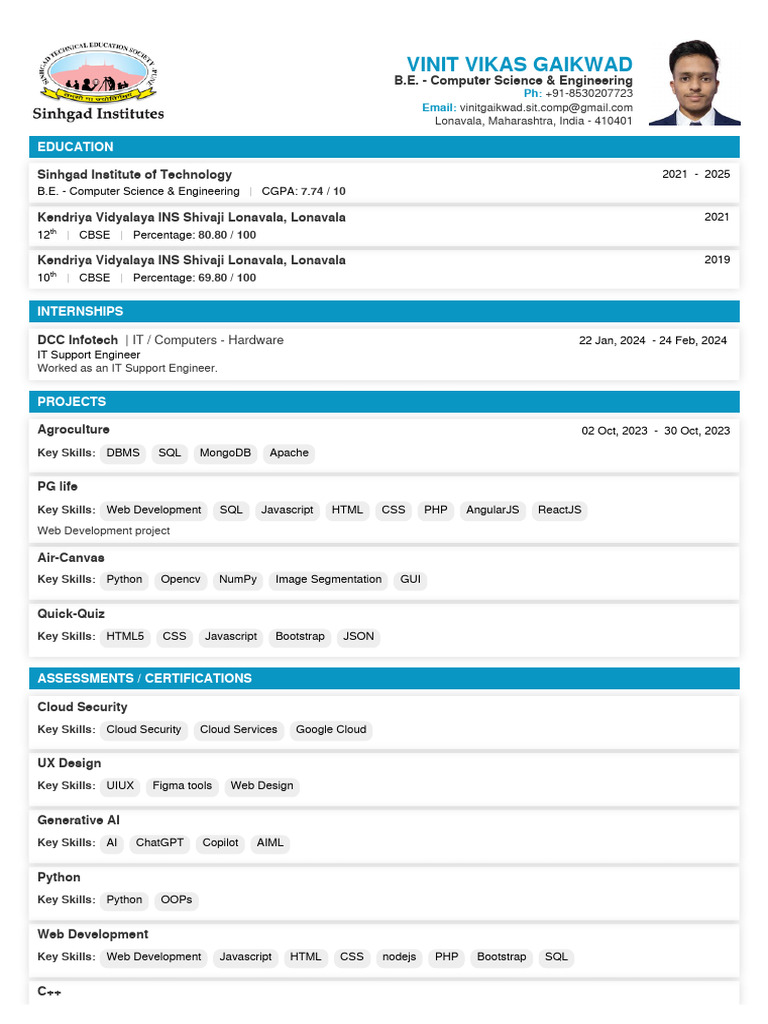Vinit Vikas Gaikwad: Computer Science CV | PDF | Web Development ...
