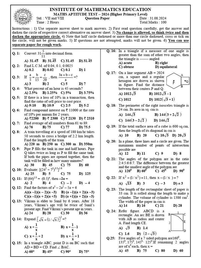 MAT 2024 Question Paper for Grades VII-VIII | PDF | Area | Circle