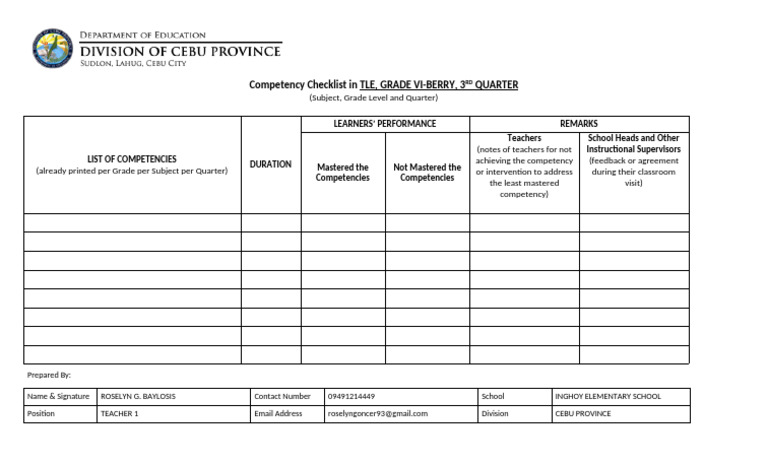 Grade VI TLE Competency Checklist | PDF