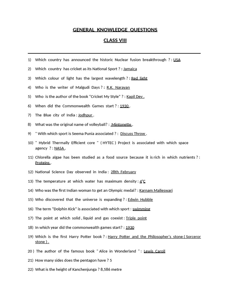 General Knowledge Questions STD 8 | PDF