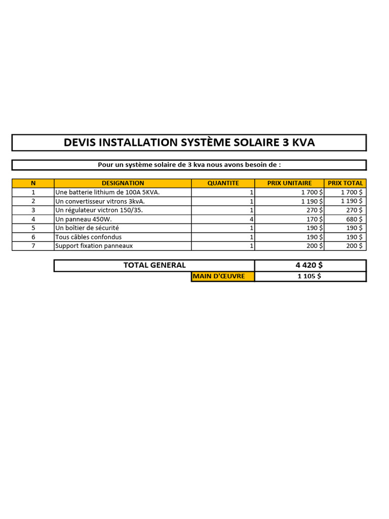 Devis Installation Système Solaire 3 KVA | PDF