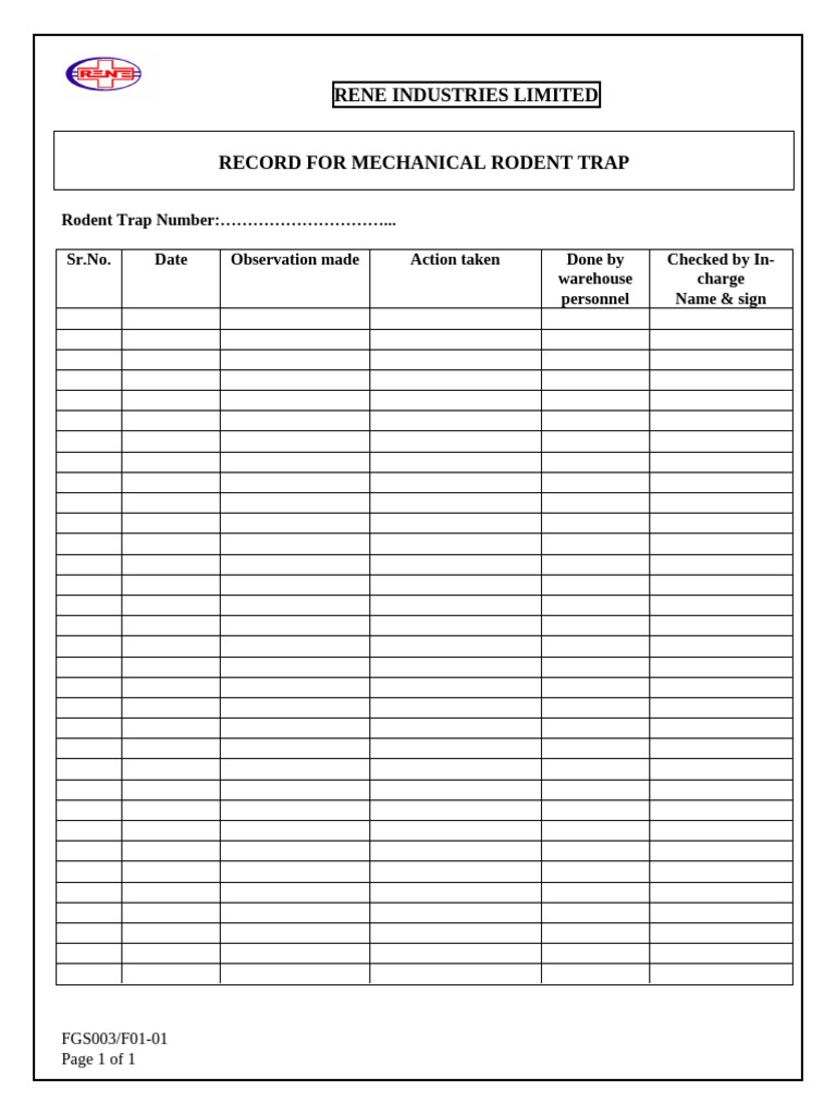 Mechanical Rodent Trap Record Log | PDF