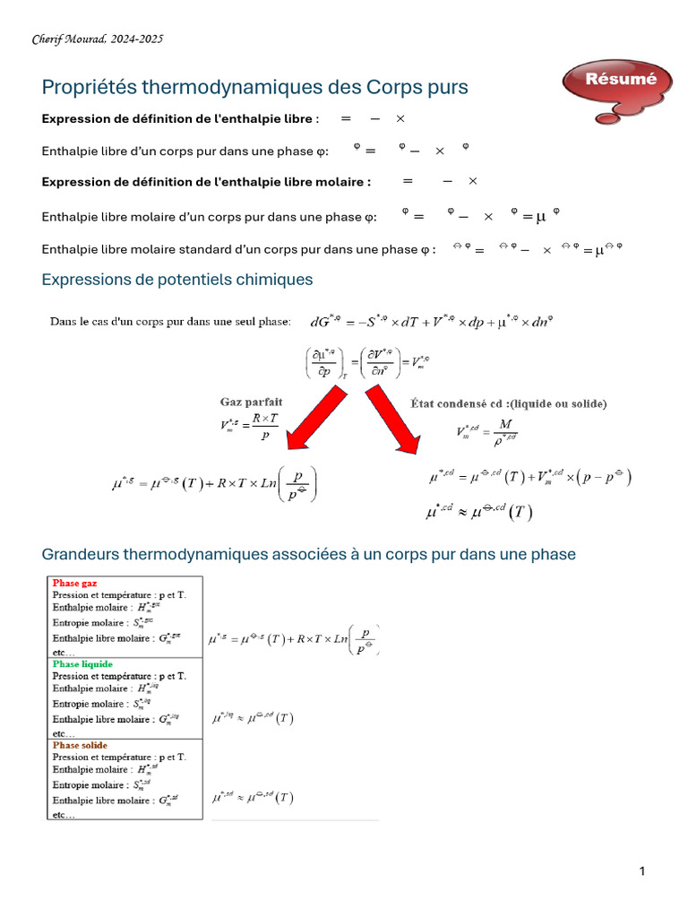 Propriétés thermodynamiques des corps purs | PDF