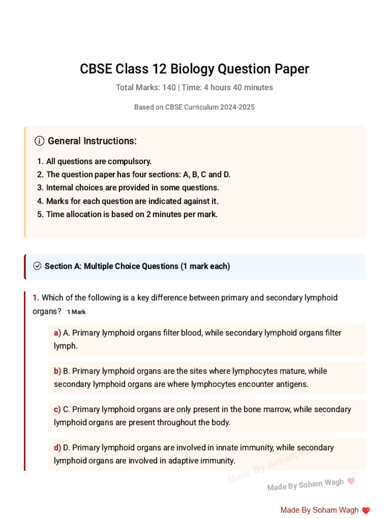 CBSE Class 12 Biology Sample Question Paper | PDF | Lymphocyte ...