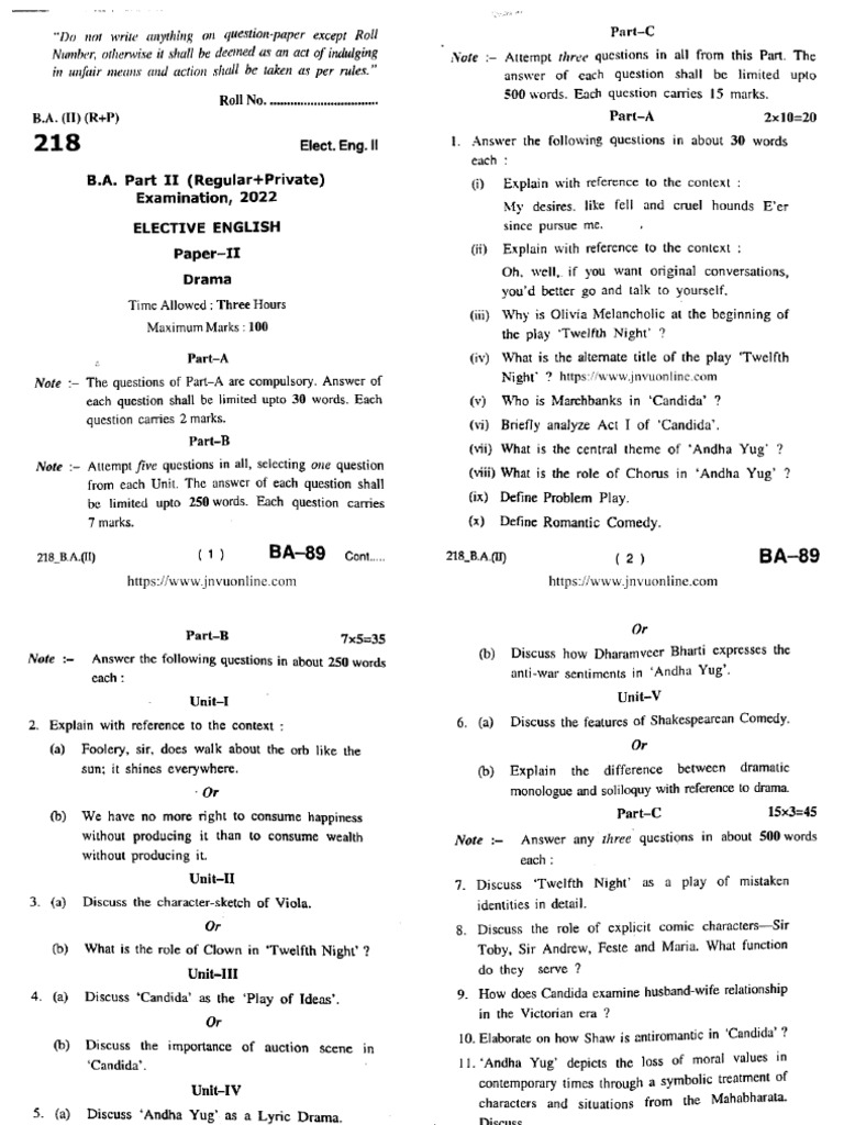 Ba Part 2 English Drama 218 2022 | PDF