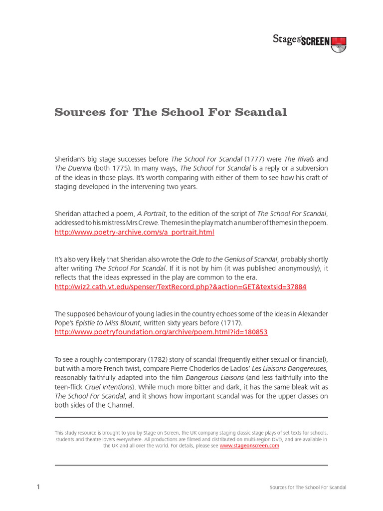 Sources For The School For Scandal | PDF