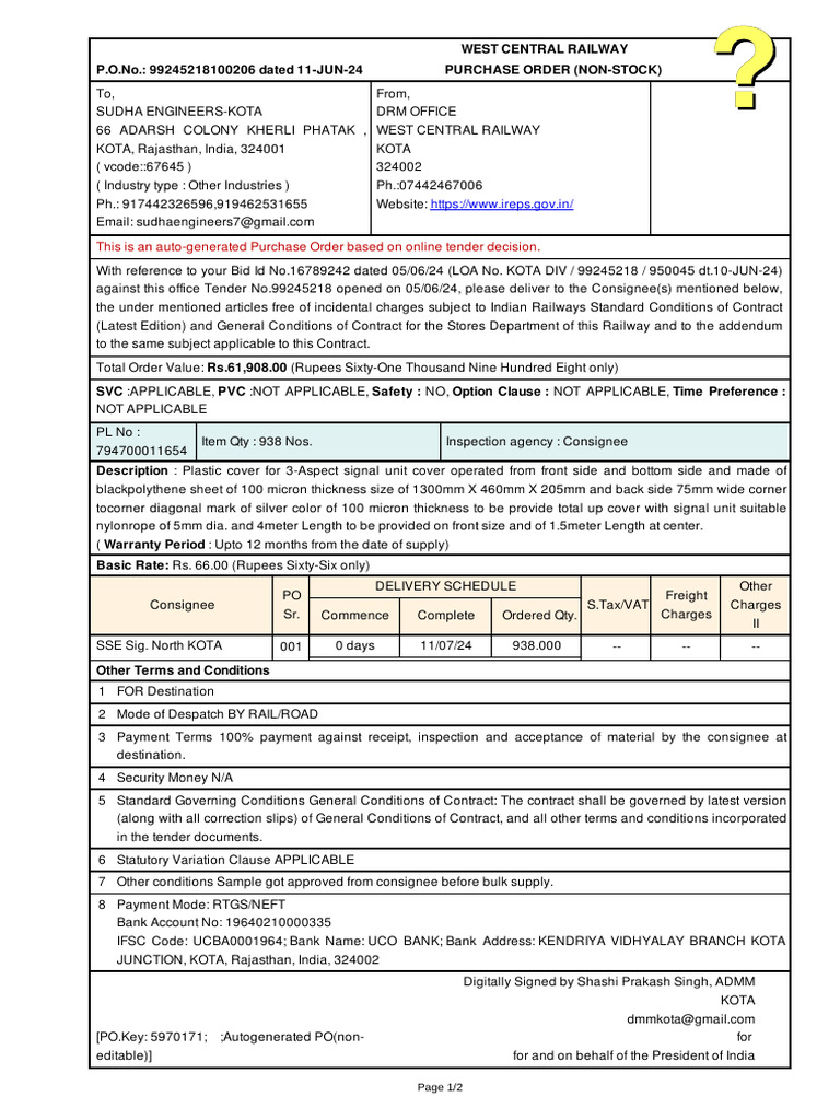 Railway Receipt for Purchase Order | PDF