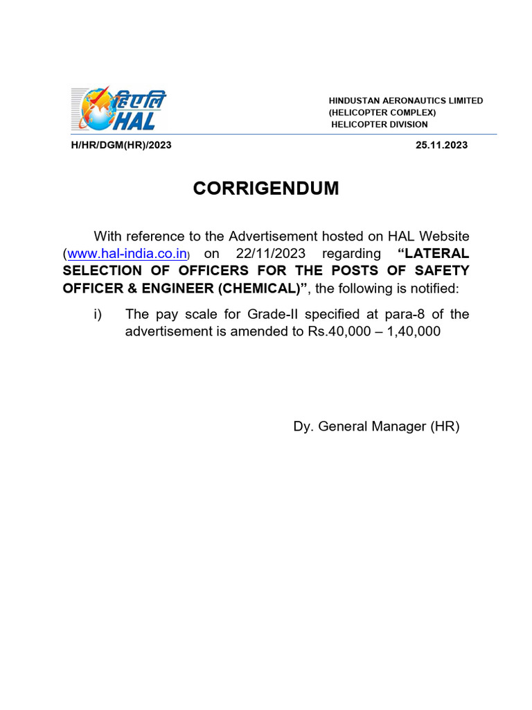 HAL Salary Slip Correction Notice | PDF