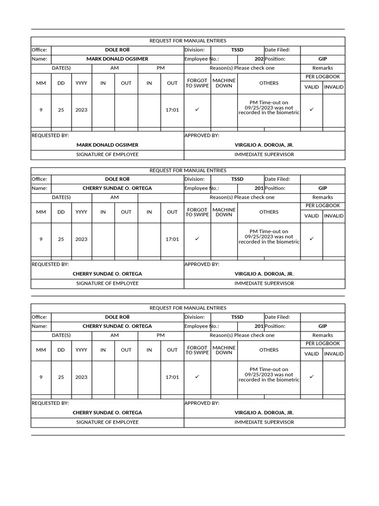 Manual Entry Request Form for DOLE RO8 | PDF