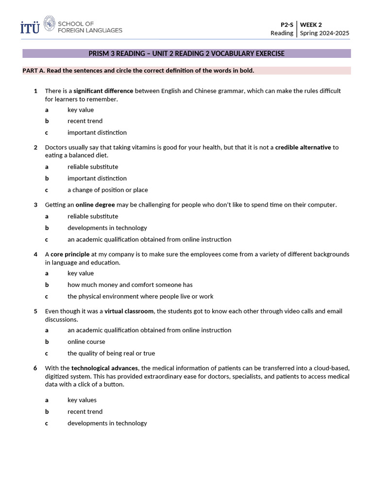 PRISM 3 Reading Vocabulary Exercise | PDF | Distance Education | Teachers