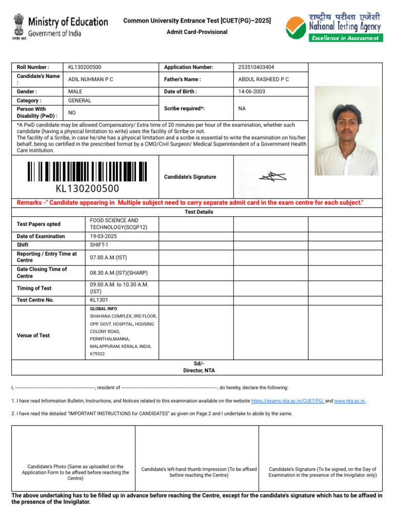 CUET(PG) 2025 Admit Card Details | PDF | Identity Document
