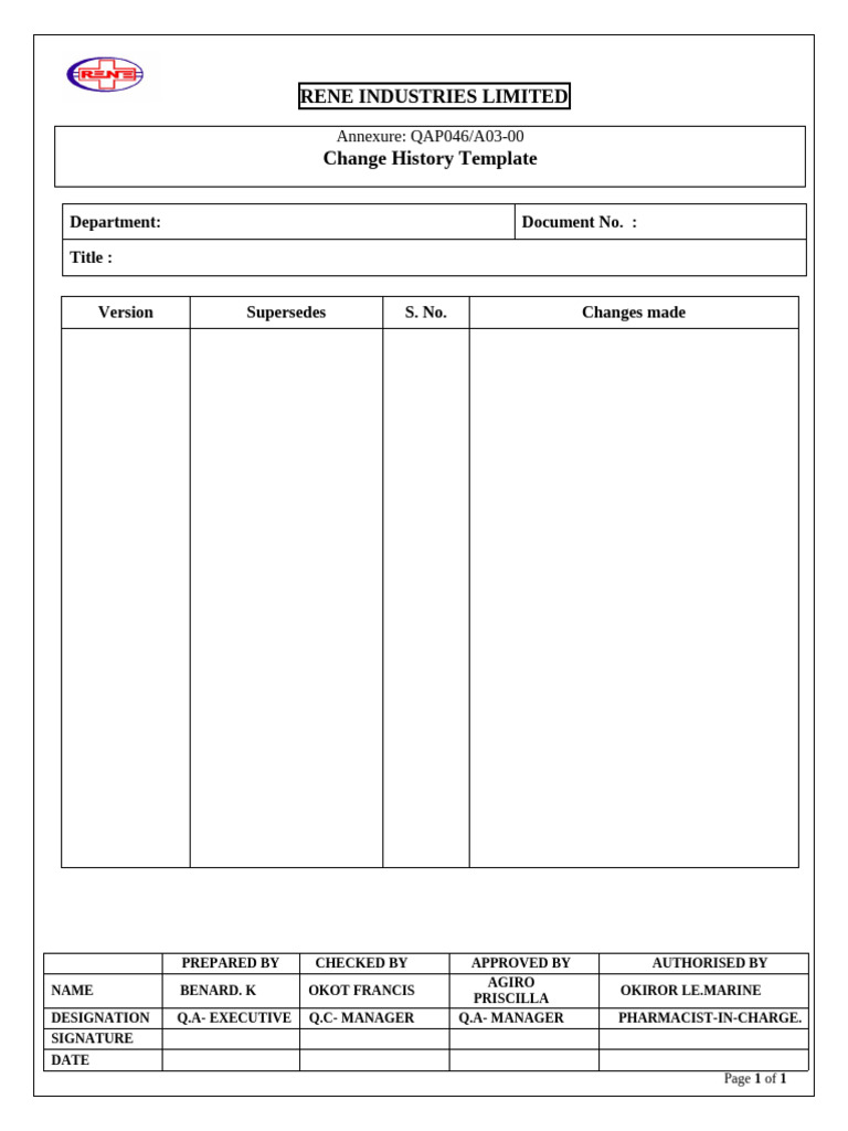 Change History Template for QAP046/A03-00 | PDF