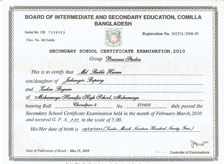 MD Rabbi Hasan Certificate SSC c12112015 | PDF