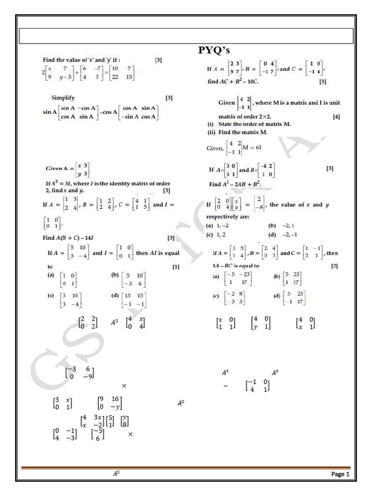 Matrices PYQs for ICSE Class 10 | PDF