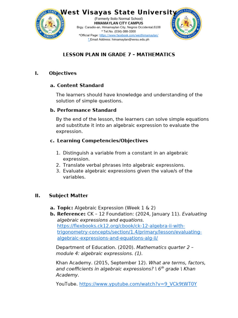 Grade 7 Algebraic Expressions Lesson Plan | PDF | Equations | Algebra