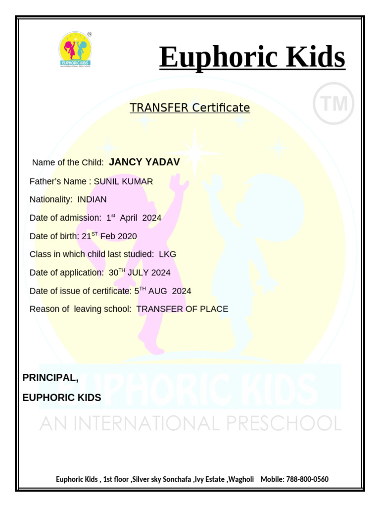 Preschool Transfer Certificate For Jancy Yadav Pdf