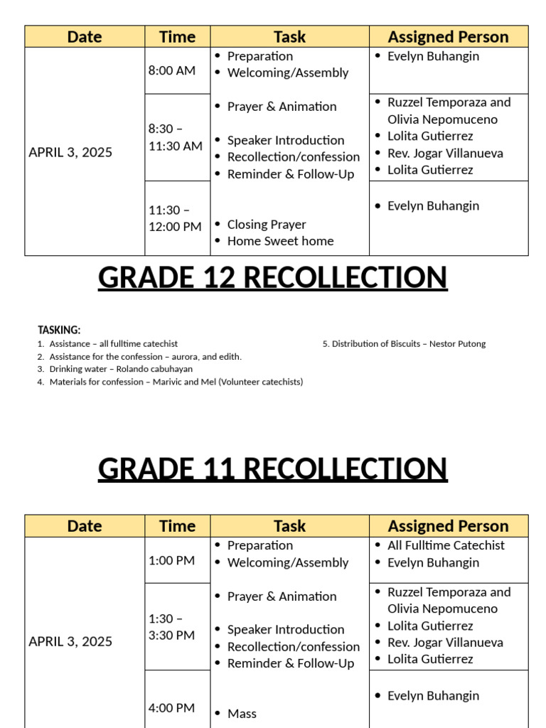 Grade 11-12 Recollection Schedule 2025 | PDF