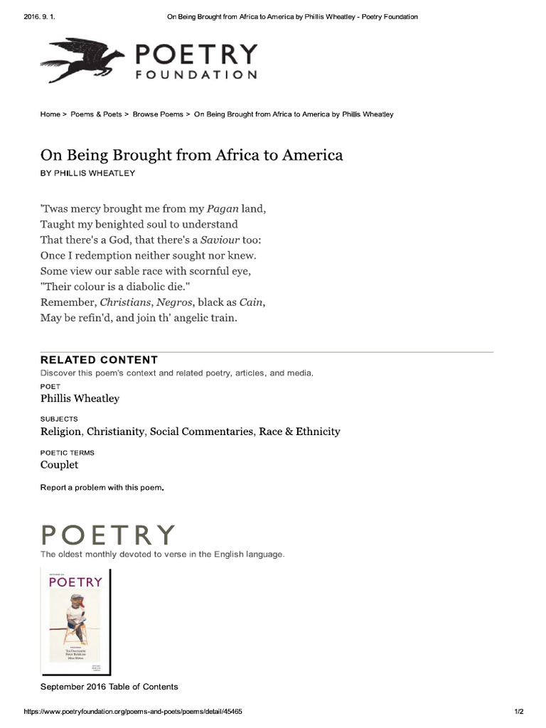 On Being Brought From Africa To America by Phillis Wheatley