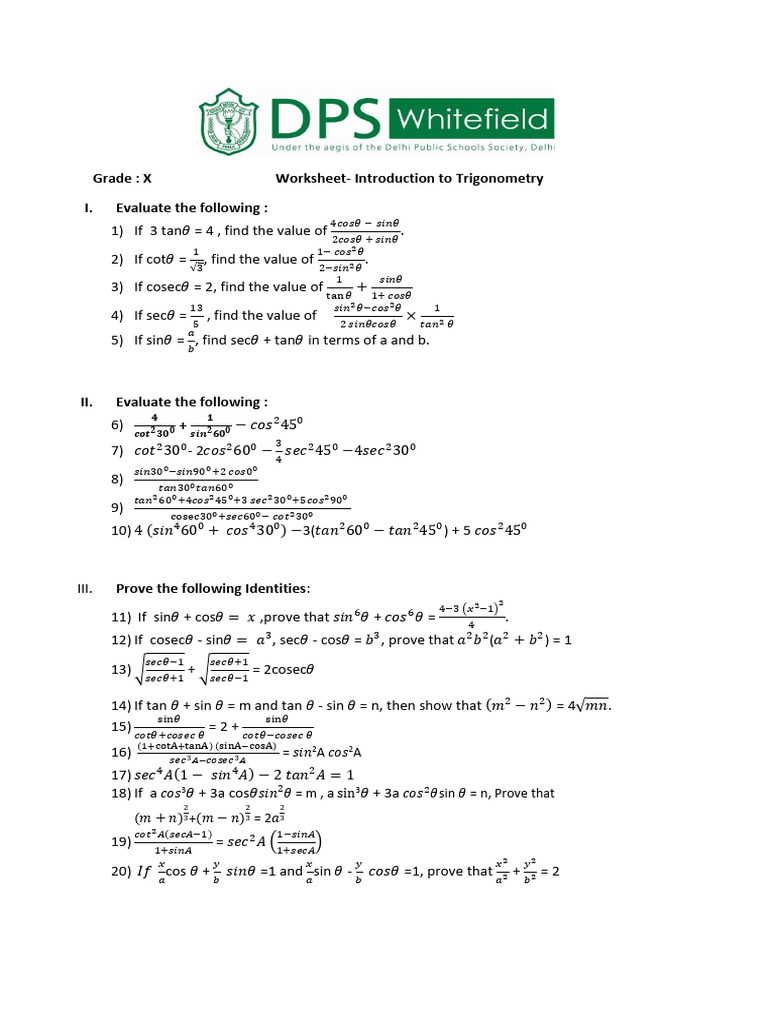 Grade: X Worksheet-Introduction To Trigonometry I. Evaluate The ...