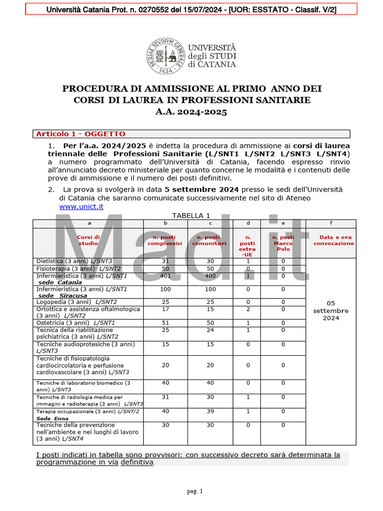 Catania-Professioni Sanitarie-Bando 2024 | PDF, image size:768x1024