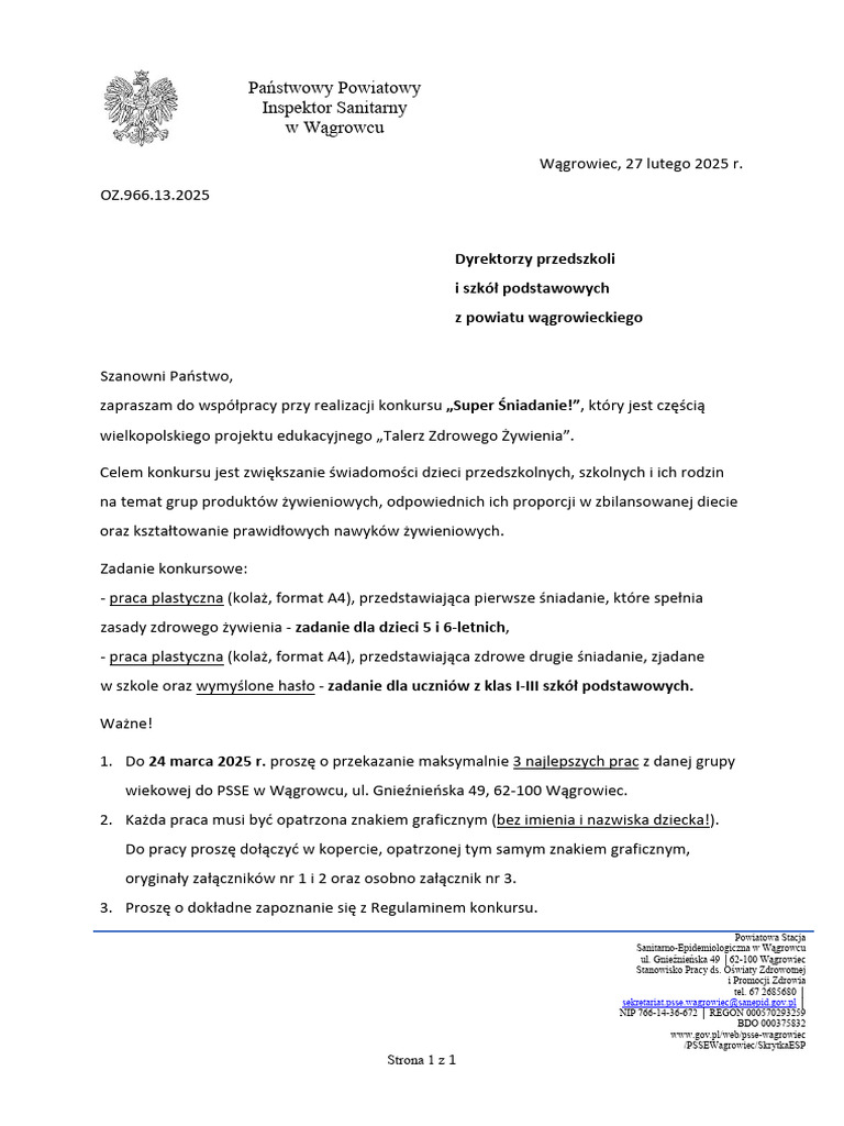 Pismo Dotycz ce Konkursu Super niadanie PDF