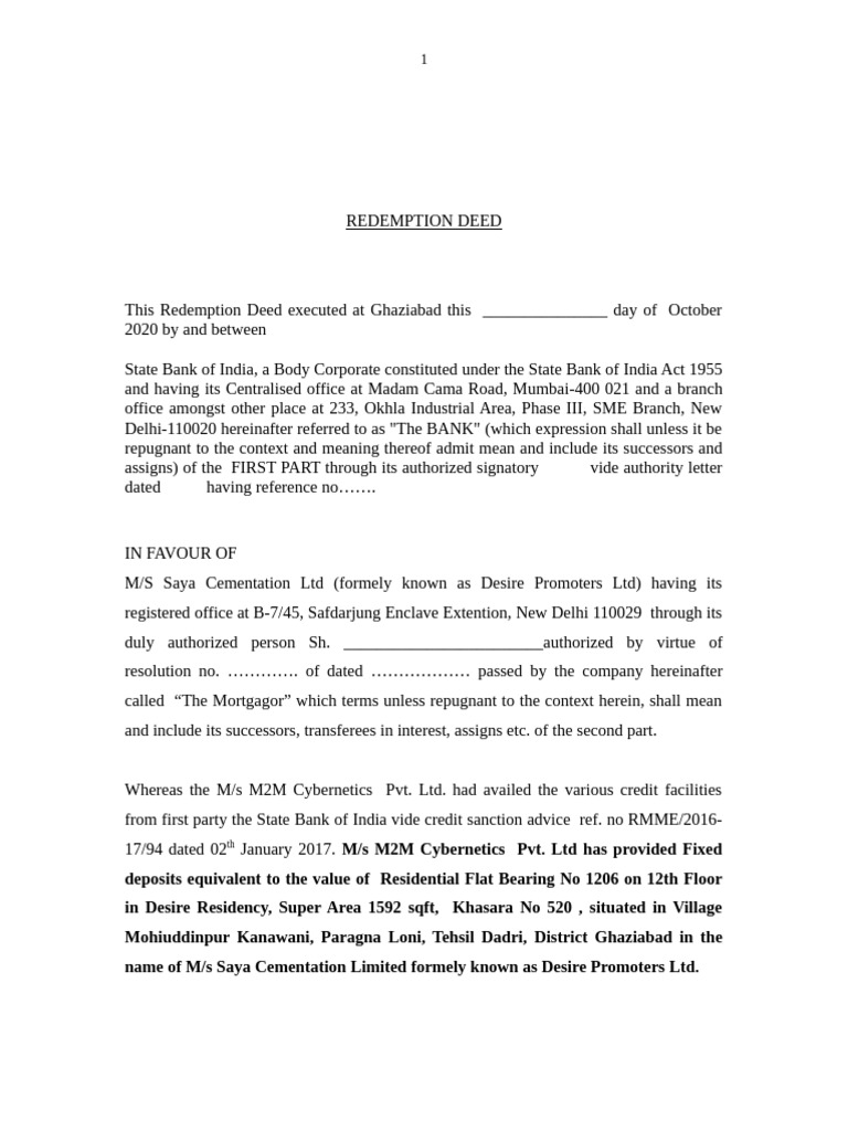 Delhi Redemption Deed Agreement | PDF | Mortgage Law | Demand For Money